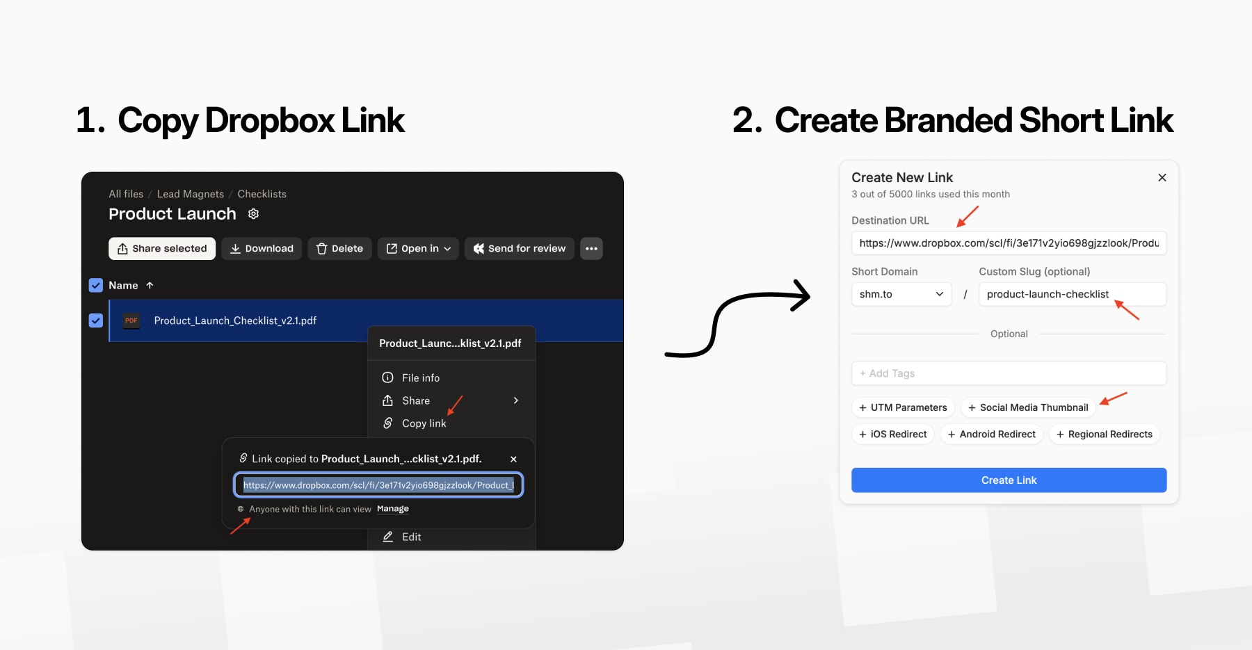 1. Copy the Dropbox Link to your Lead Magnet, 2. Create Branded Short Link