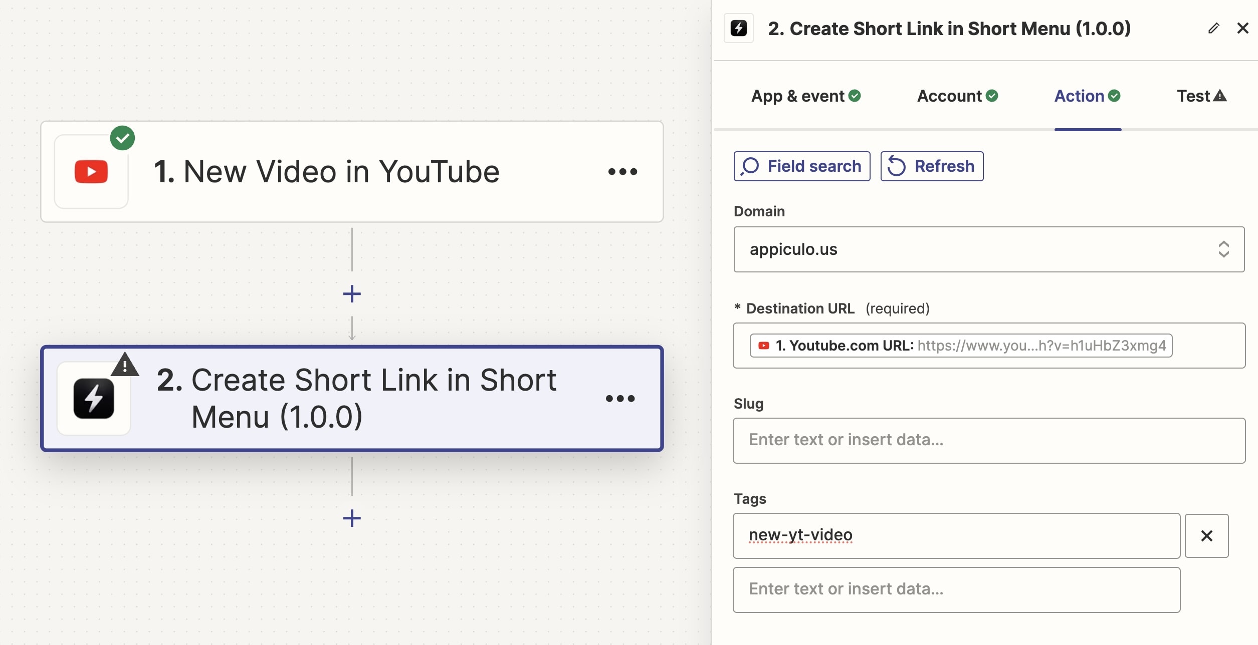 Customize your Short Link in the 'Action' tab