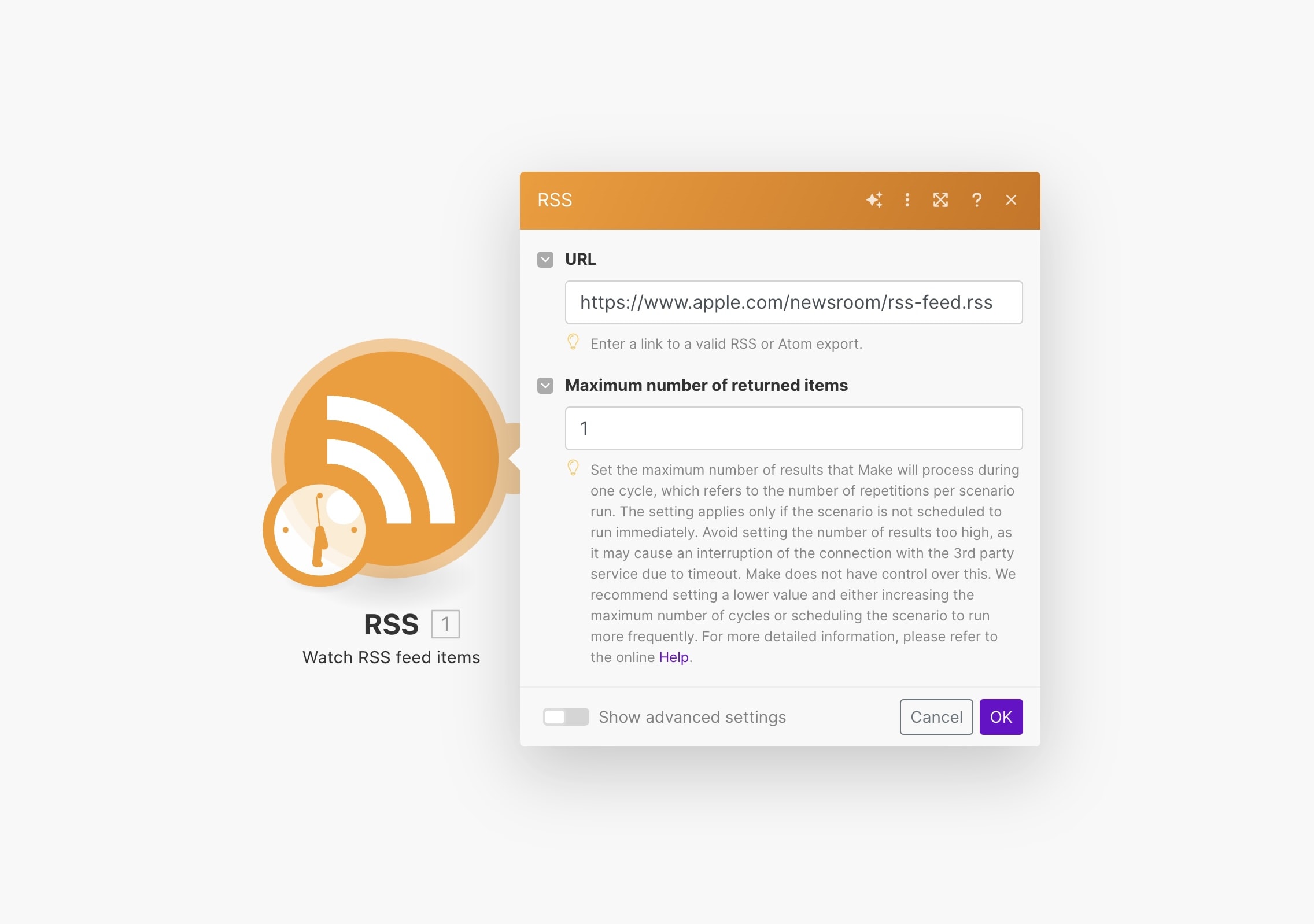 'Watch RSS feed items' as trigger for your scenario