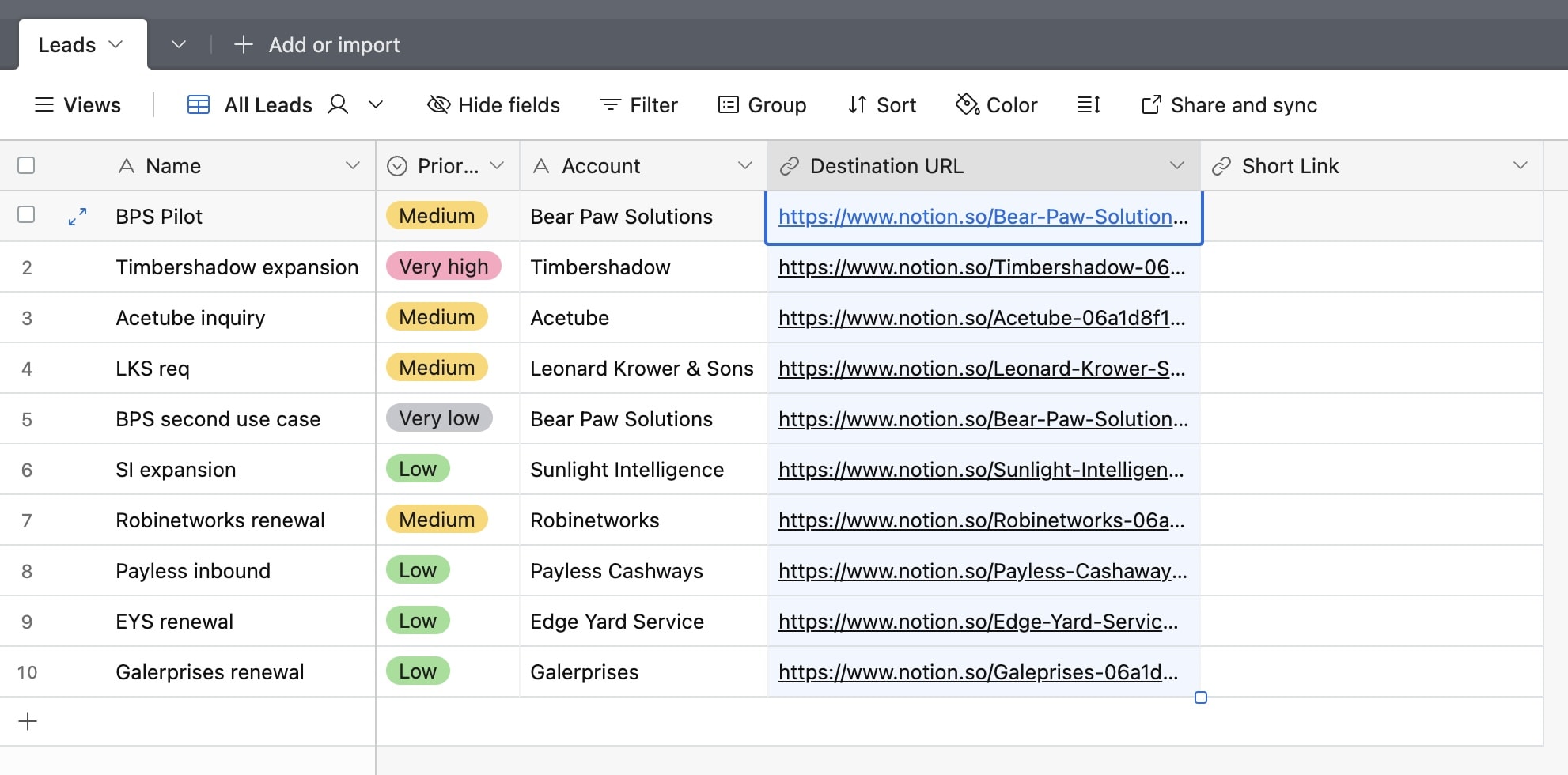 Table with leads and the URL you send to them