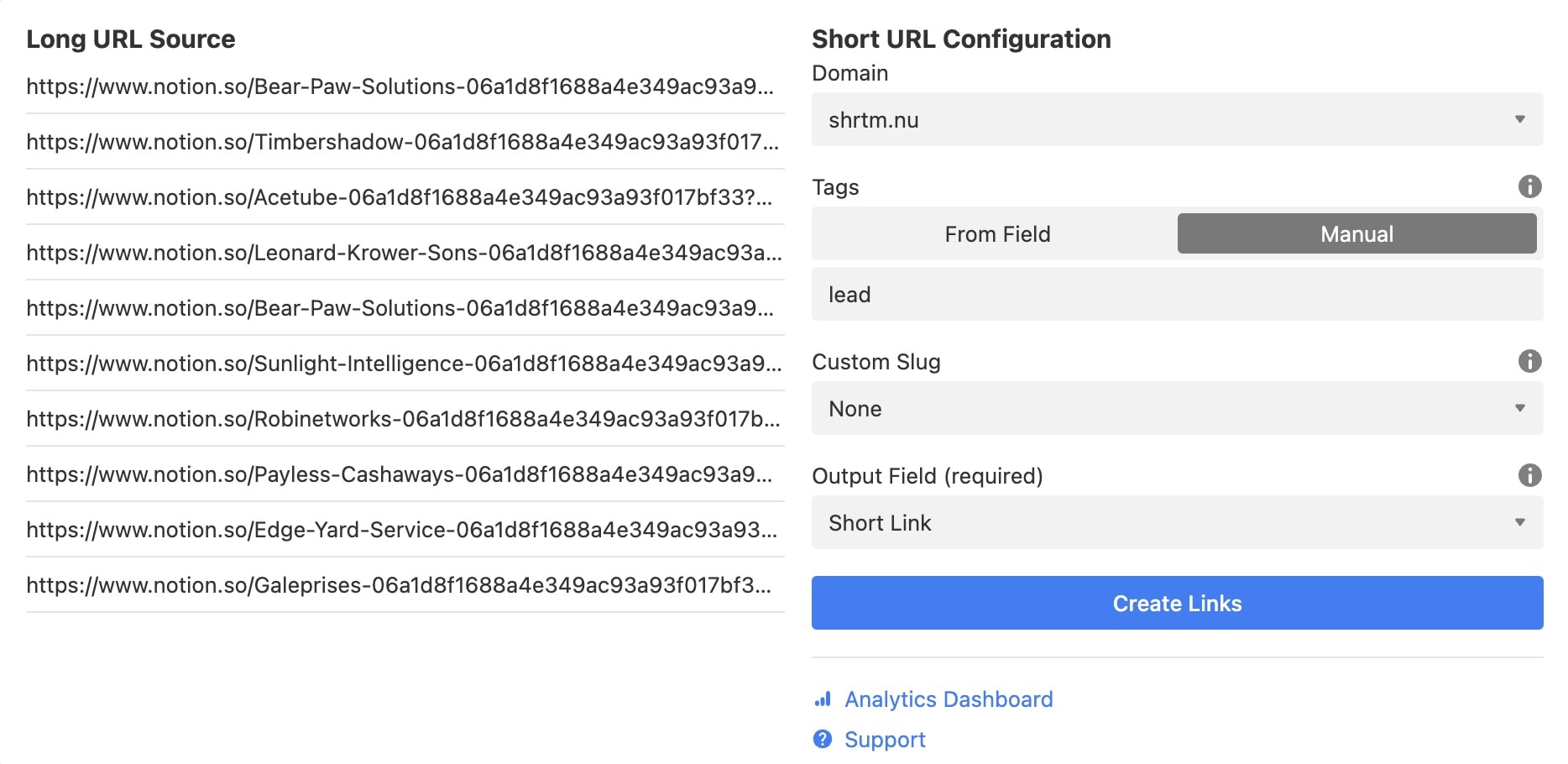 Configuration to create short links in bulk in Airtable