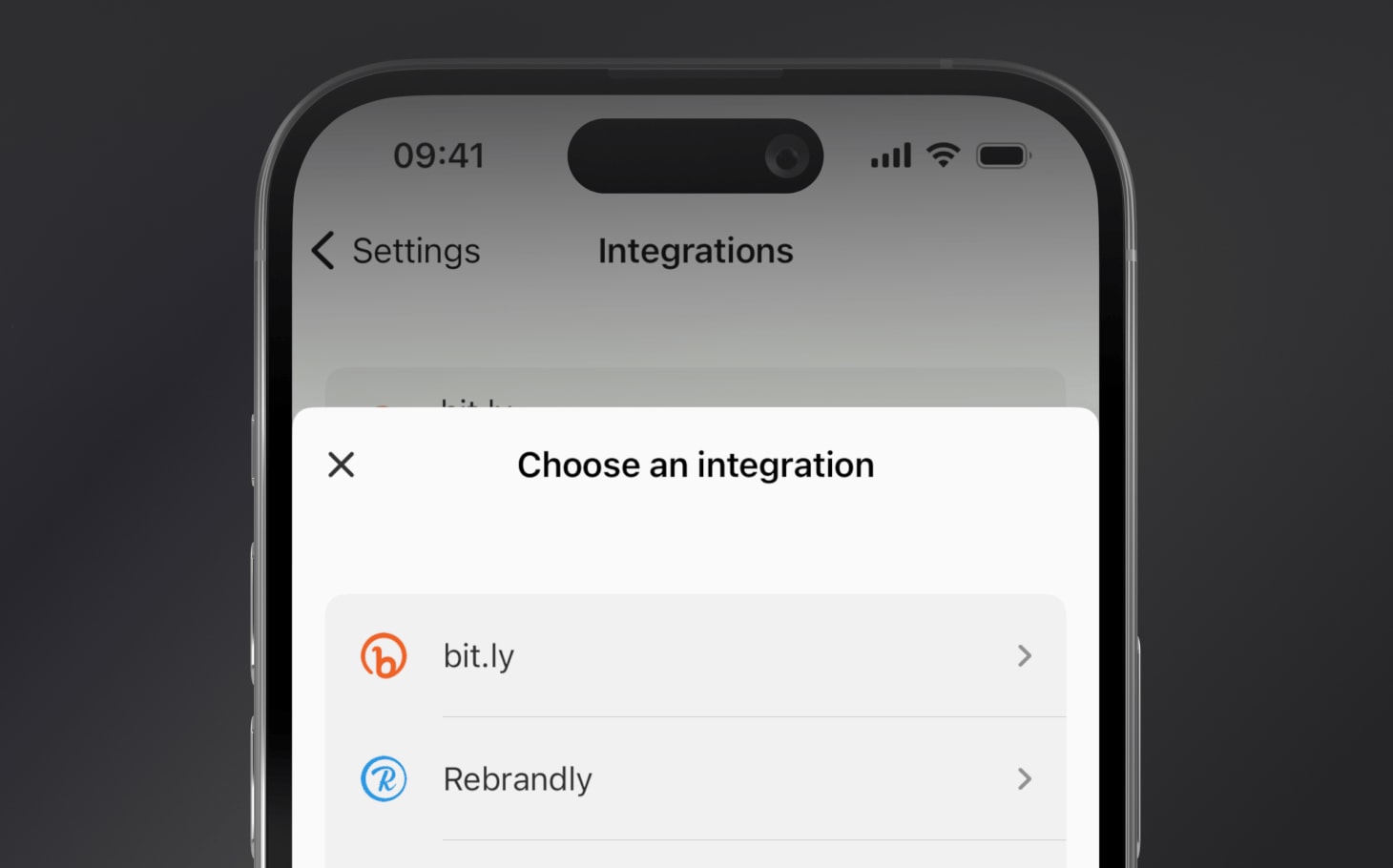 Select 'bit.ly' from the offered integrations in Short Menu