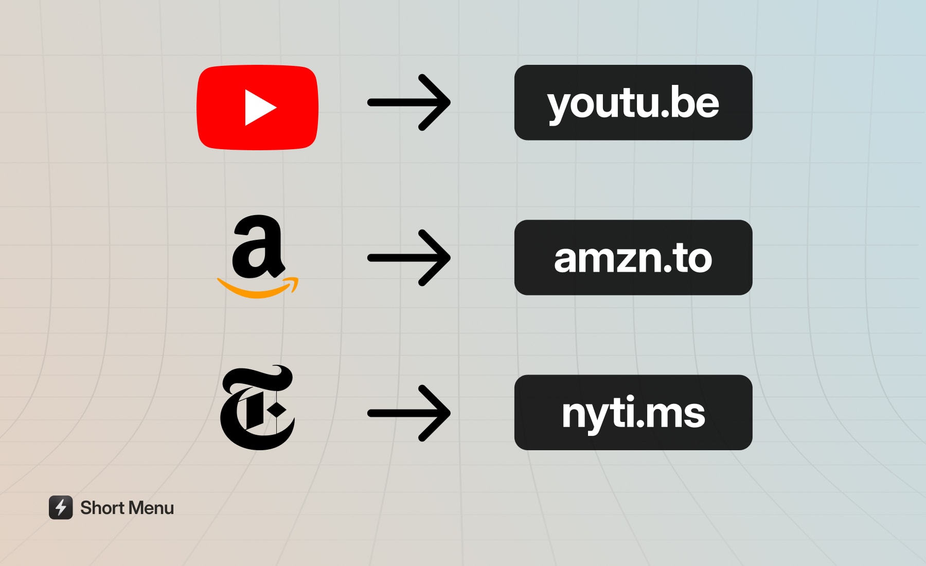 Comparison diagram showing how YouTube, Amazon, and New York Times choose short domain names