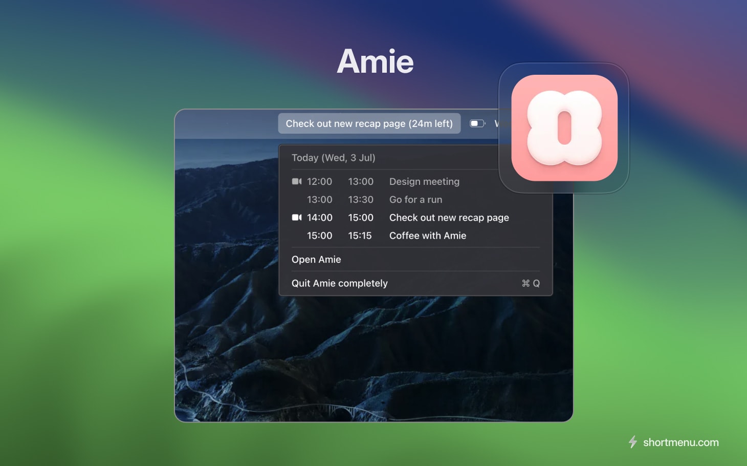 Amie brings the calendar quick-actions you need day-to-day to your menu bar