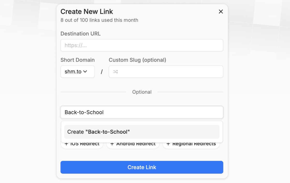 Creating a new tag for a link Short Menu