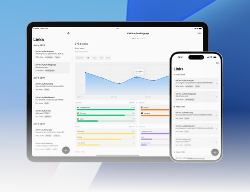 Short Menu App running on iPhone and iPad. Showing short link overview and analytics.