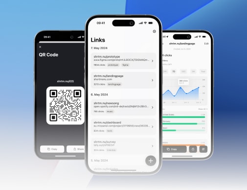 Short Menu App on iPhone showing link overview, short link analytics and trackable QR code generation.