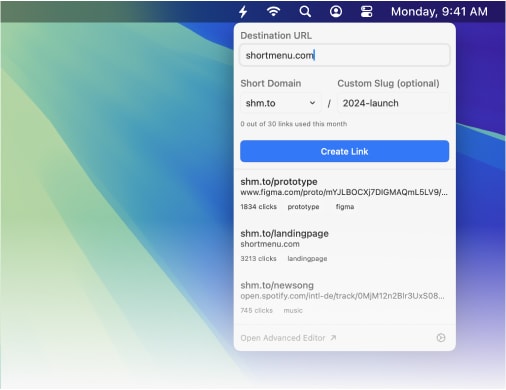 Short Menu's Menu Bar URL Shortener PopUp